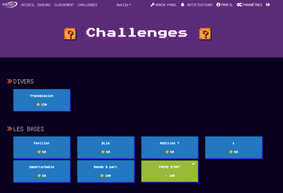 Page d'Accueil des Challenges