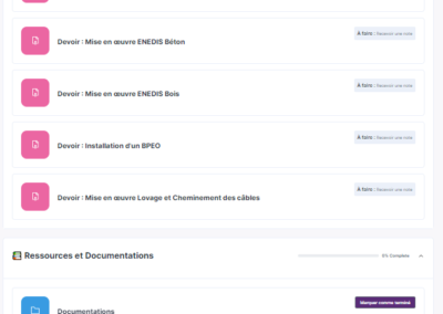 Vue d'un cours avec les activités et les documentations